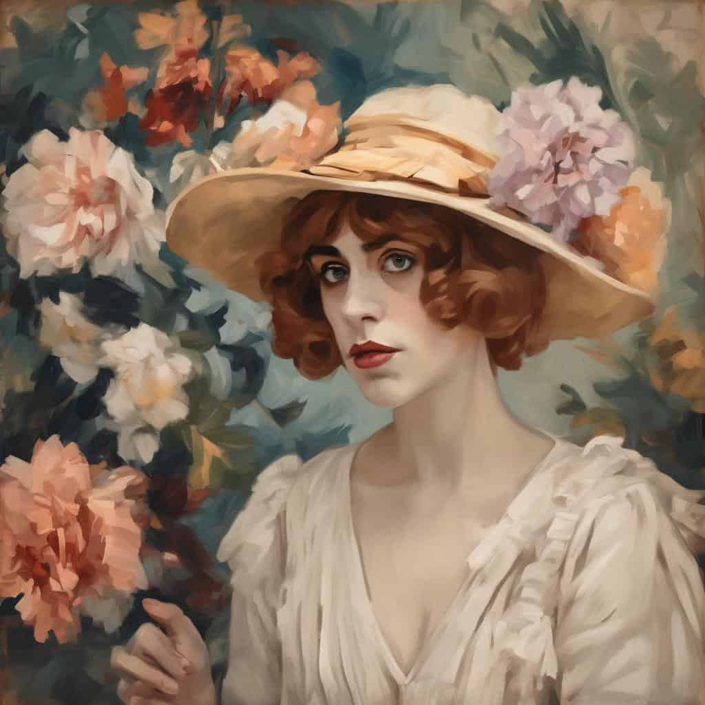 Ομορφη γυναίκα με καπέλο και λουλούδια, ζωγραφική πορτραίτο σε ρεαλιστικό στυλ.