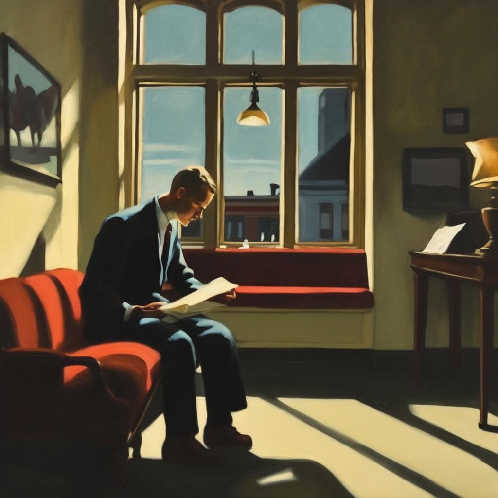 Νέος πίνακας με άνδρα διαβάζοντας σε ήσυχο εσωτερικό χώρο, φως και σκιά,αφαίρεση και εικαστική δύναμη,μοντέρνα τέχνη,απεικόνιση βιβλίου, ελαιογραφία.