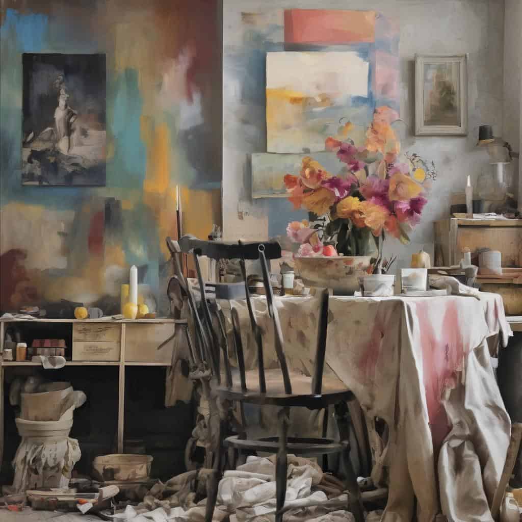 Ζωγραφικά έργα και δημιουργικό στούντιο με ανθοδέσμη σε καμβά, εμπνευσμένα από την εικαστική δύναμη της αφαίρεσης.