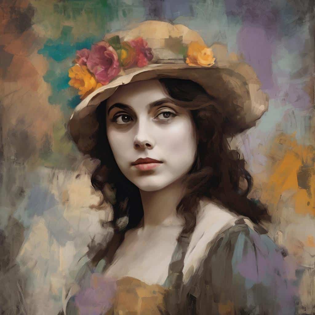 Όμορφη γυναίκα με καπέλο και λουλούδια, ζωγραφική εικόνα.