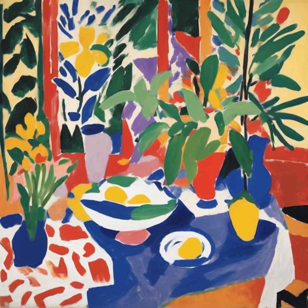 Ζωγραφική εσωτερικού χώρου με παράθεση λουλουδιών και φυτών, έντονα χρώματα και αφηγηματική, αφαιρετική τέχνη.